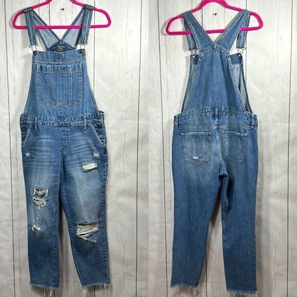Abercrombie & Fitch  Overall Denim Blue Jean Jumper Pants Stretch Distressed - Picture 1 of 15